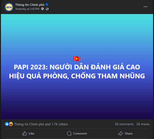 Ảnh chụp màn hình trang Facebook Thông tin Chính phủ