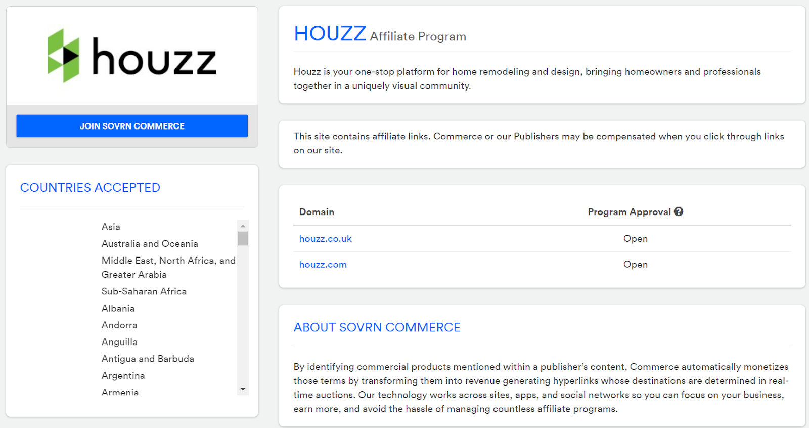 Houzz affiliate program page