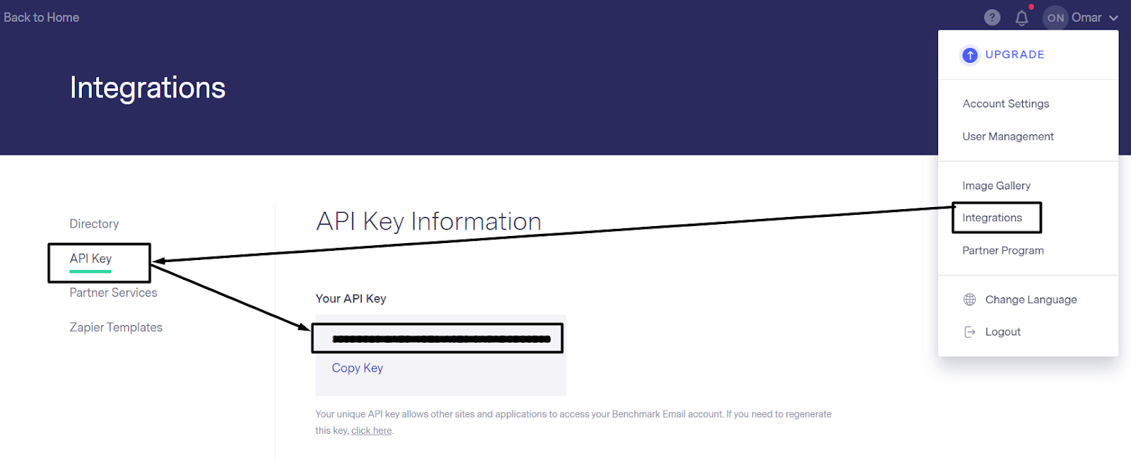 How to find the API key inside Benchmark email