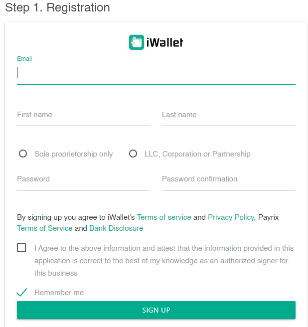 iWallet registration form