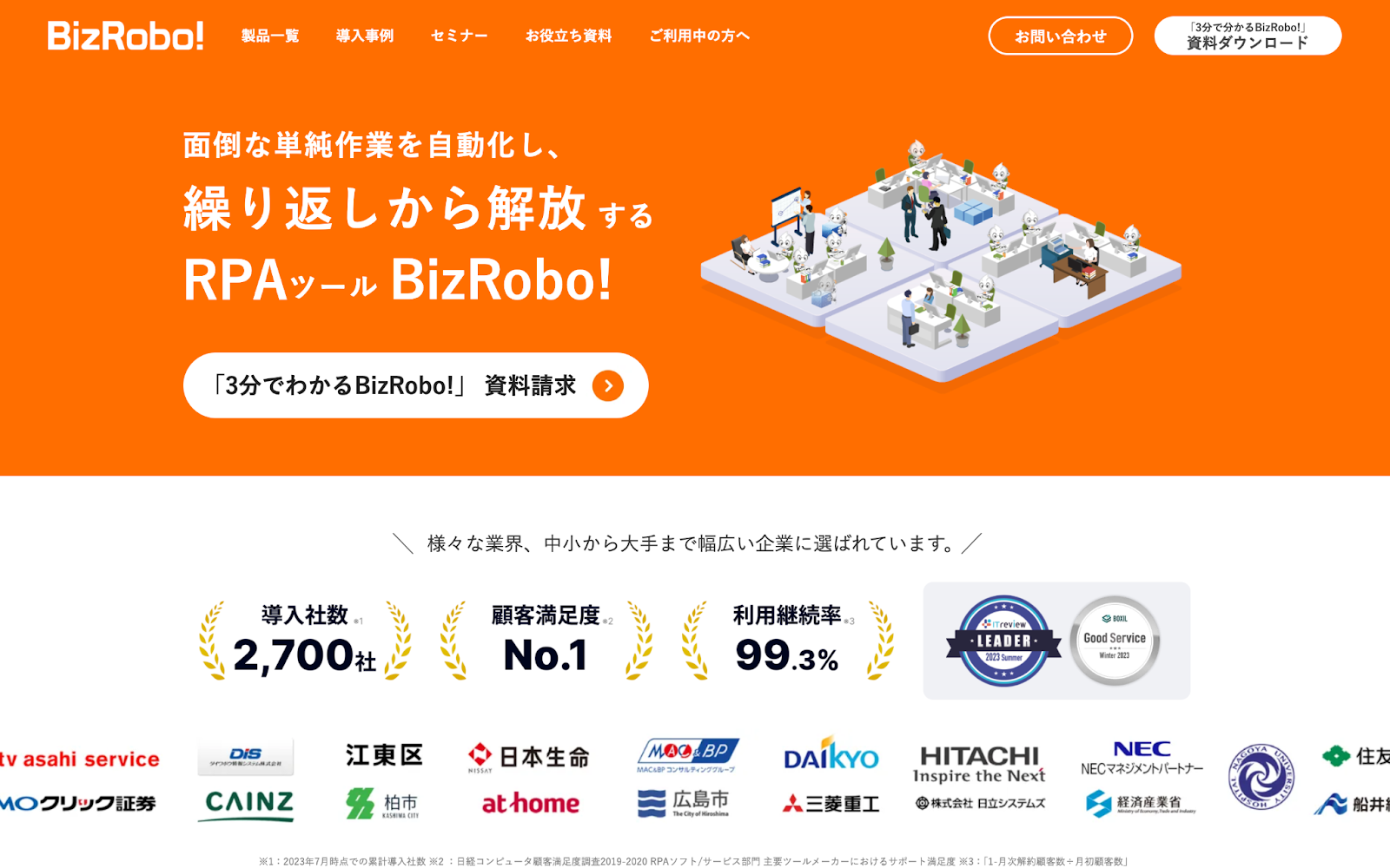 RPAツールBizrobo!のホームページのスクリーンショット