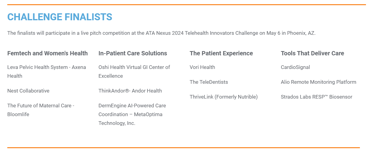 Finalists for the American Telemedicine Association (ATA) Telehealth Innovators Challenge
