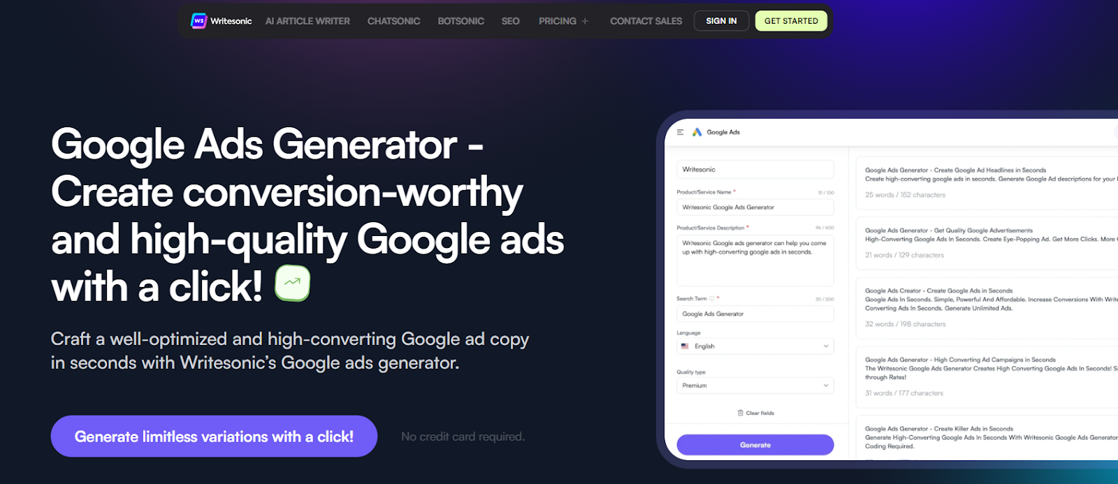 Writesonic's Google Ads Generator