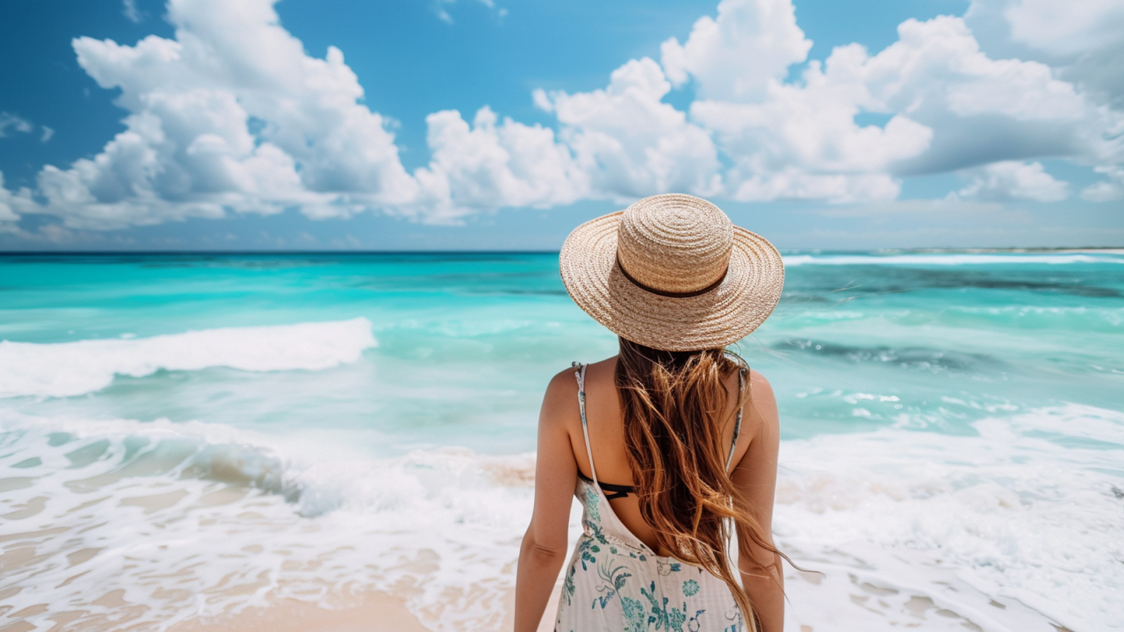 A woman with a sun hat on the beach