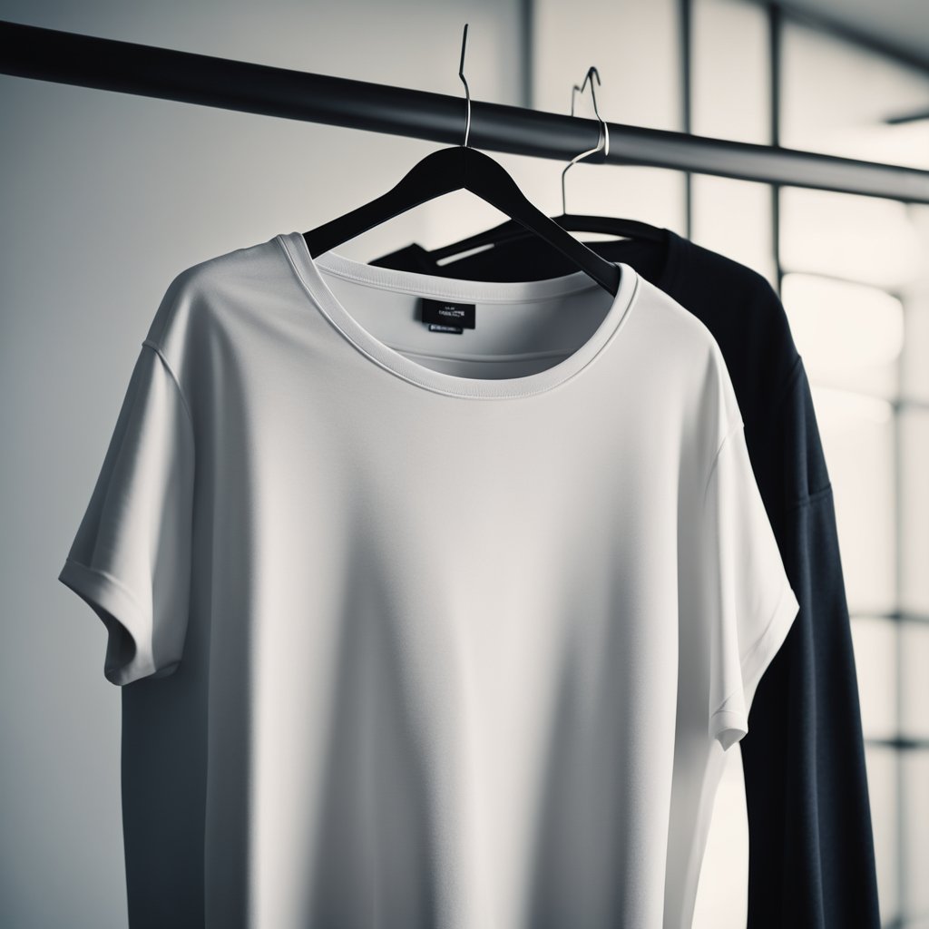 A drop shoulder t-shirt hangs loosely on a hanger, with its relaxed sleeves and casual fit