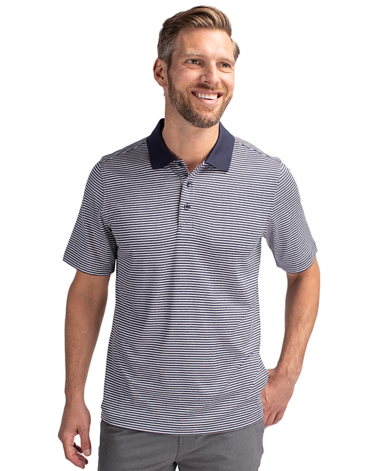 Man wearing Cutter & Buck Forge Tonal Stripe Stretch Mens Big and Tall Polo in Polished/Grey