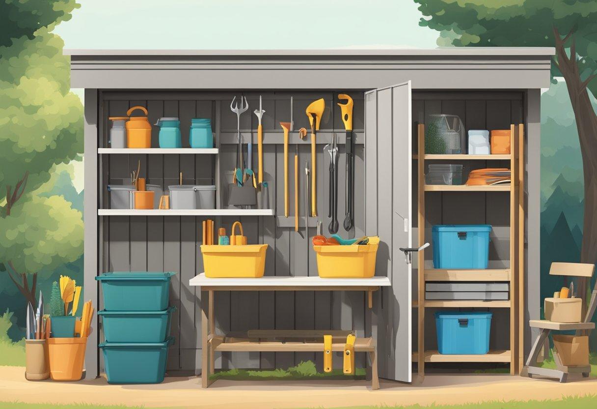 A portable shed with shelves, hooks, and storage bins. A tool rack and a workbench with a pegboard for organization. Outdoor setting with trees and a clear sky