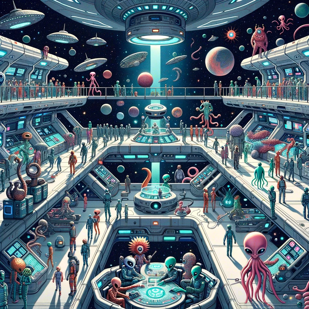 Illustration of a bustling space station set against the backdrop of deep space. The station is a hub of activity with sleek metallic corridors and large viewing windows. Various aliens of different shapes, sizes, and colors interact with humans. Some aliens have tentacles, others have multiple eyes, and some float in the air. Humans and aliens work together at control panels, engage in trade, or simply chat. The atmosphere is one of harmony and cooperation, showcasing a future where different species cohabitate and collaborate.