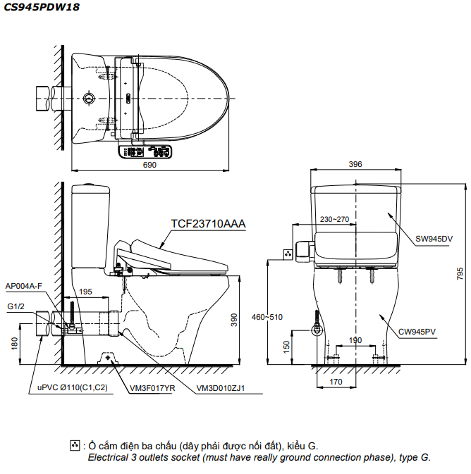 Bản vẽ kỹ thuật của bàn cầu hai khối kèm nắp rửa điện tử CS945PDW18#XW