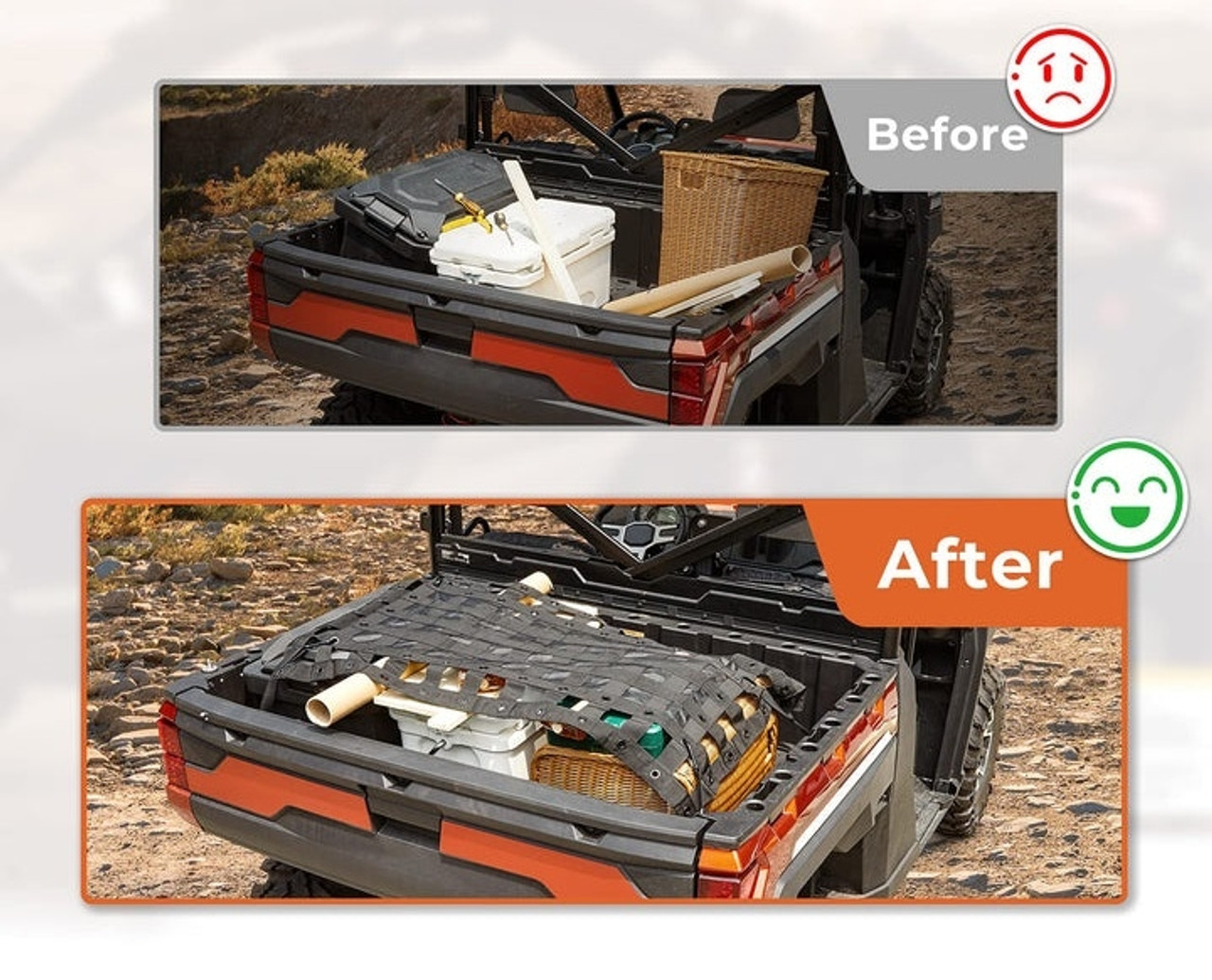 A set of "before and after images" showing an ATV bed filled with unsecured items (before) and the same ATV's bed secured with Kemimoto's Heavy Duty Bed Cargo Net (after)