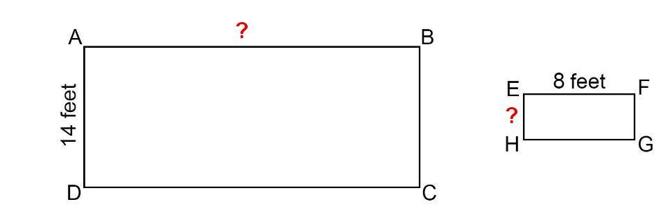 One large rectangle with corners ABCD; height AD is 14 feet. A smaller rectangle has corners EFGH; length EF is 8 feet.