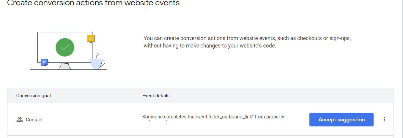 A screenshot of the create conversion actions from website events screen in Google Ads.
