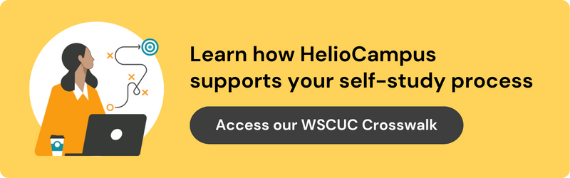 Illustration of a person sitting at a computer and looking at an abstract map. Text reads: "Learn how HelioCampus support your self-study process. Access our WSCUC Crosswalk".