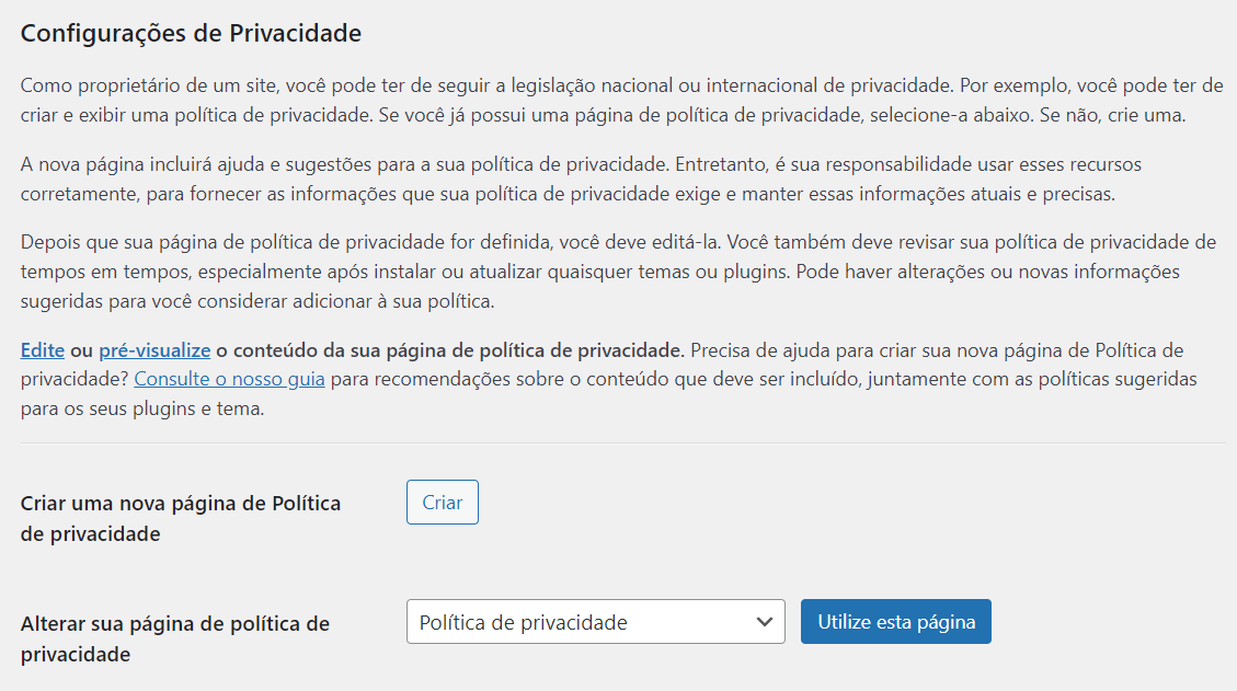 política de privacidade no WordPress