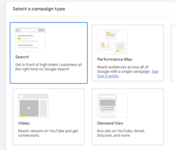 Choose the campaign type as Search for the Dynamic Search Ads