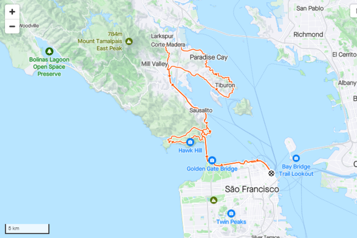 Strava map route Paradise Loop (Golden Gate - Sausalito) - 85km 1046m de altimetria