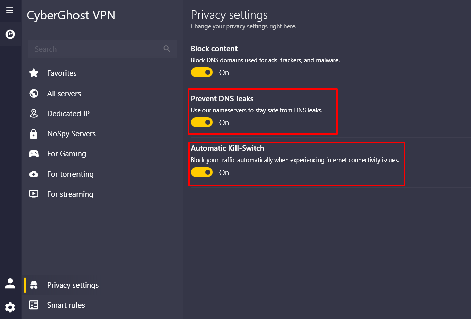 Image of the CyberGhost VPN's interface showing the Kill Switch and DNS leak protection features.