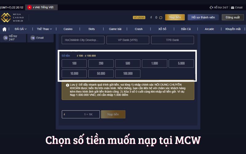 Chọn số tiền muốn nạp tại MCW