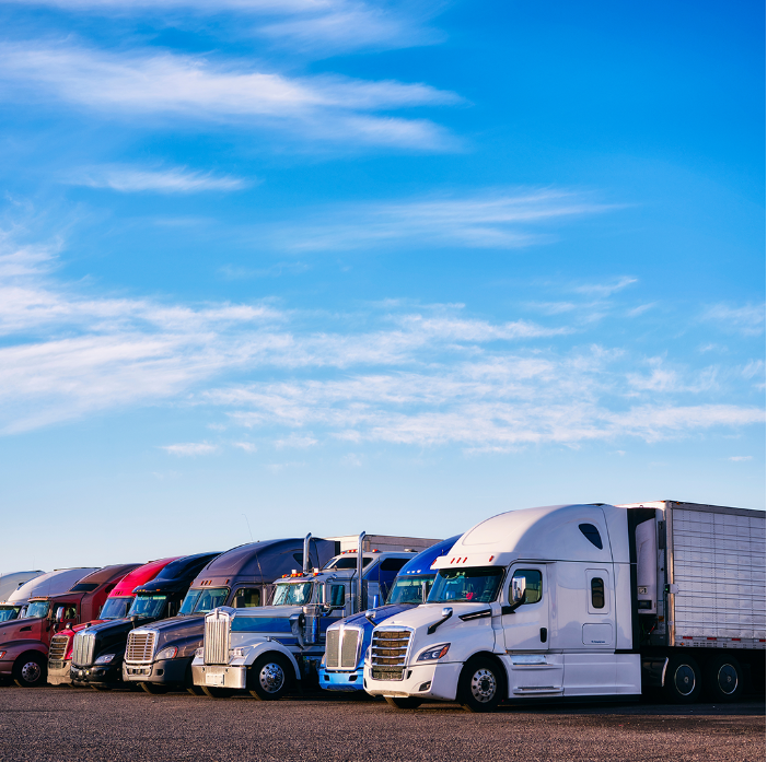 A fleet of different colored semi-trucks all lined up.