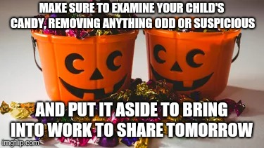 Two halloweeen jack-o-lantern buckets of candy on a white background. Caption: Make sure to examine your child’s candy, removing anything odd or suspicious and put it aside to bring into work to share tomorrow.