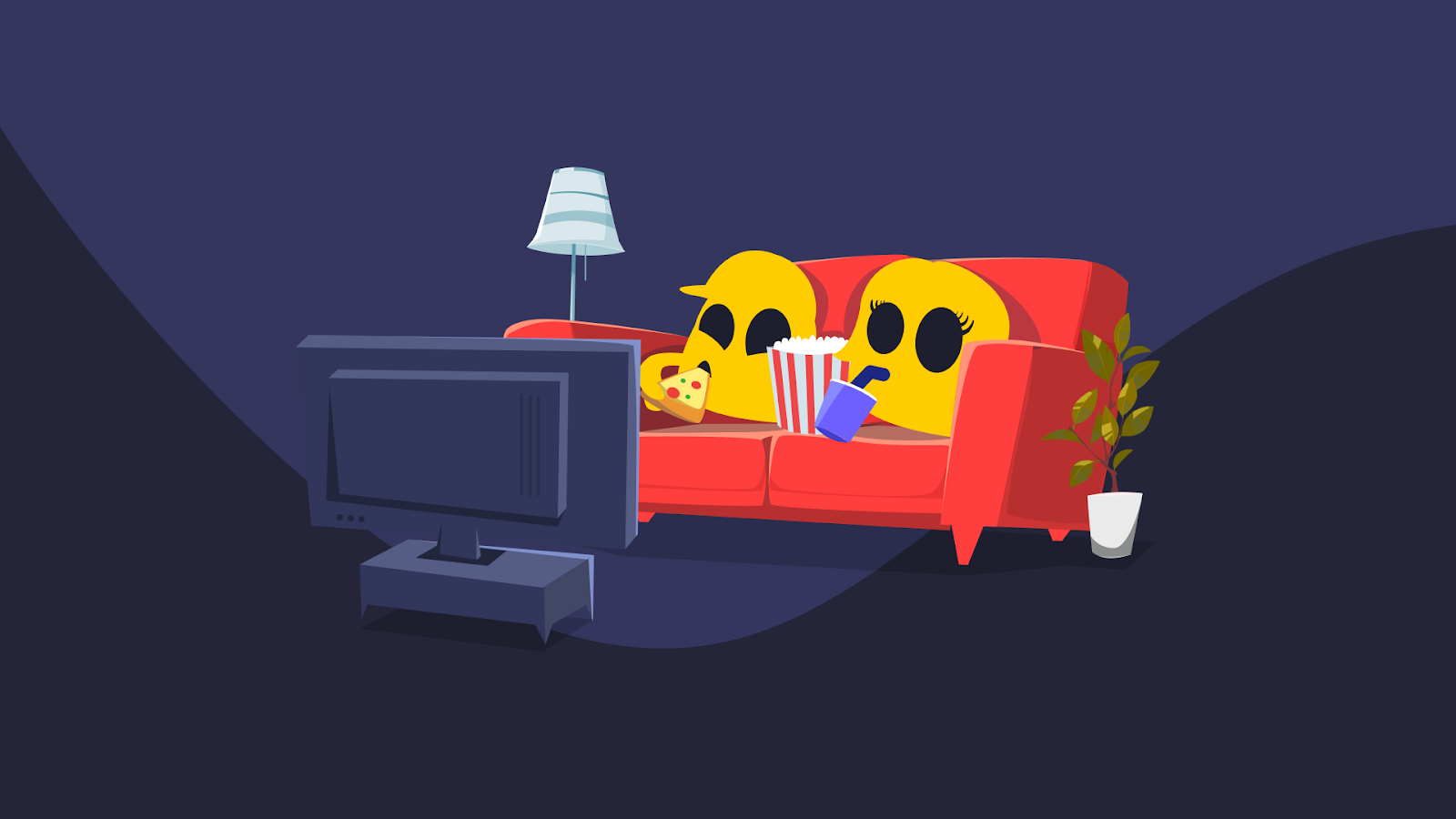 Image of Ghosties on a couch watching a movie on the TV.