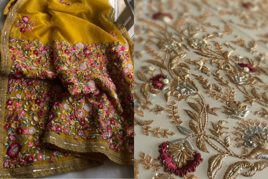 the key techniques used in bridal sarees is zari work.