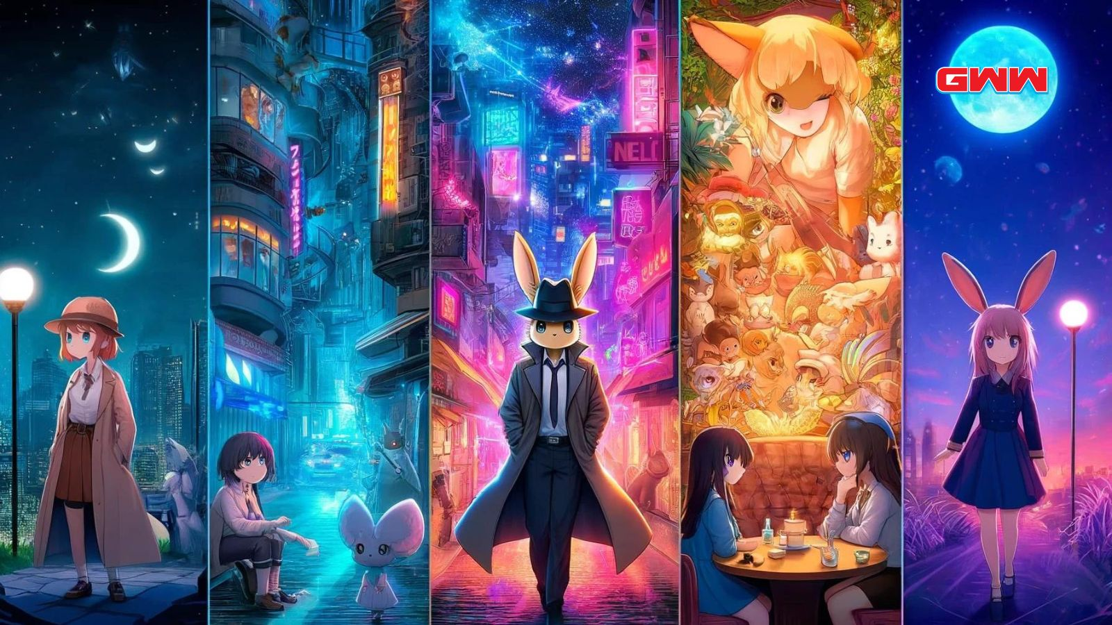 Una ilustración de estilo anime que visualiza creativamente diferentes géneros de anime dentro de una ciudad habitada por animales antropomórficos.