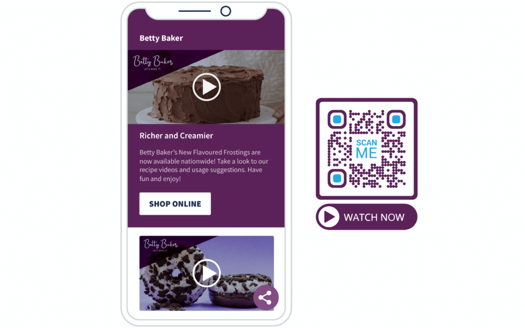 a Video QR Code and the mobile-optimized landing page after scanning