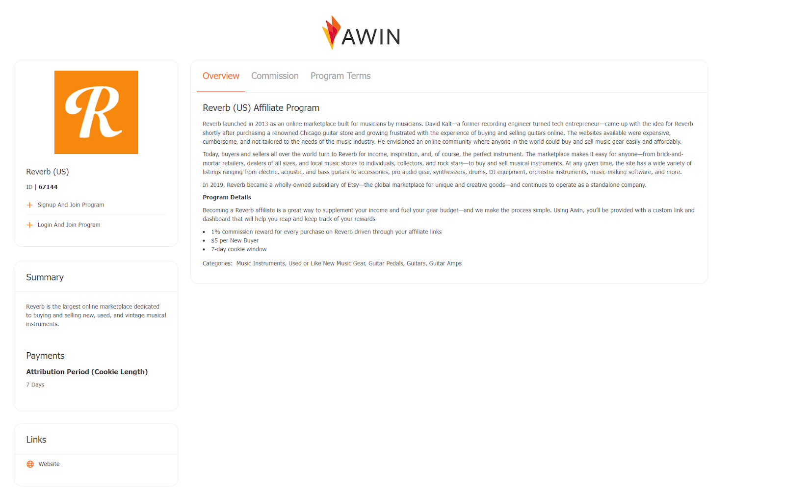 Reverb affiliate program on Awin