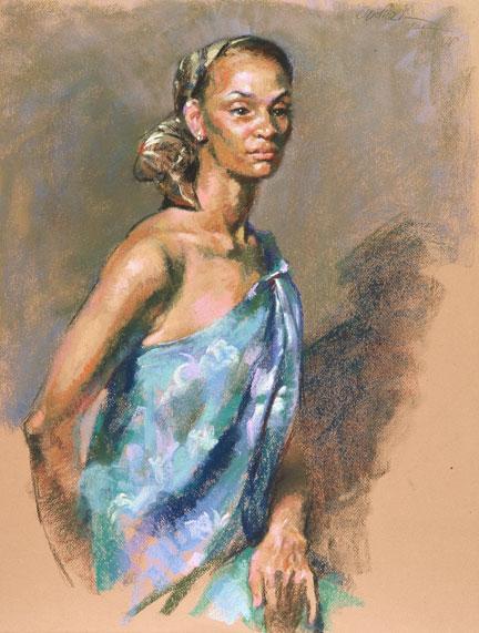 A pastel of a person in a blue dress

Description automatically generated