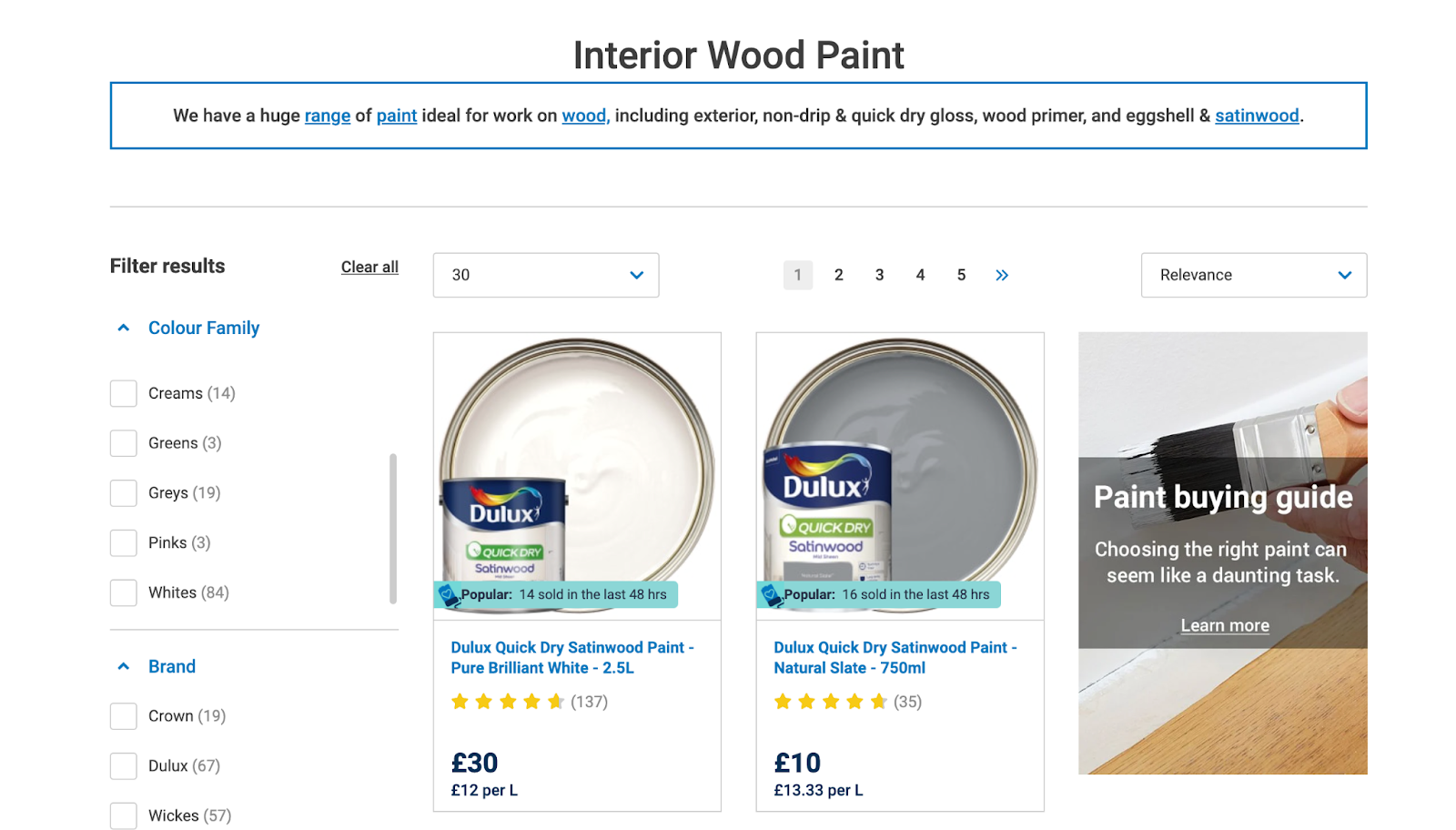 Wickes website Interior wood paint selection with social proof messaging