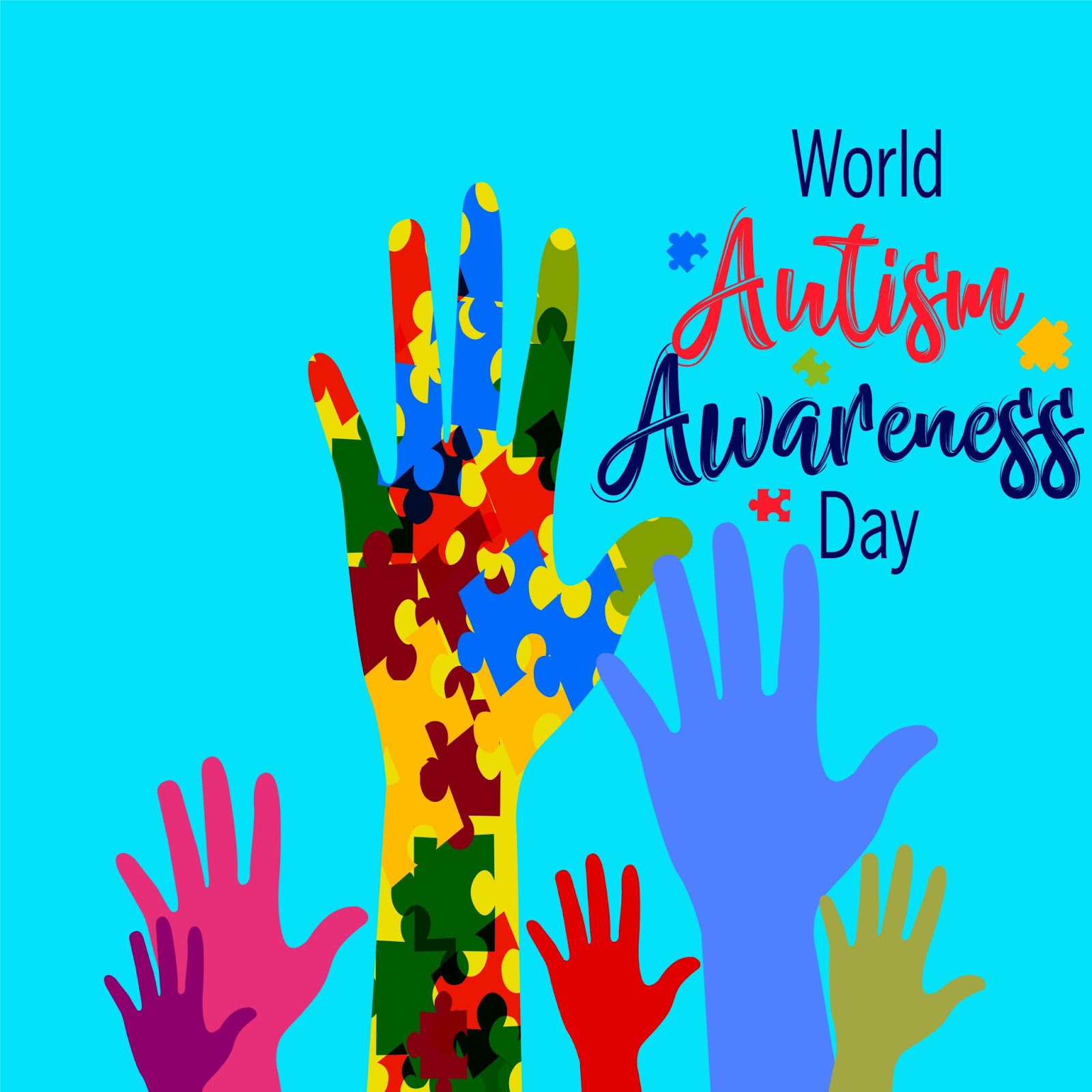 Image of colorful hands with one exhibiting colorful puzzle pieces and text of World Autism Awareness Day