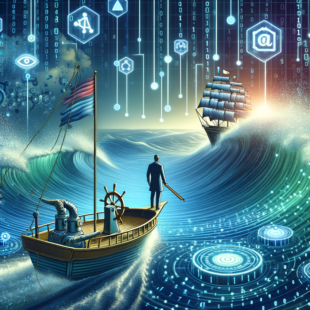 portraying a metaphorical scene where a sales leader navigates a ship through digital waves, symbolizing the balance between technology and human intervention in the sales process.