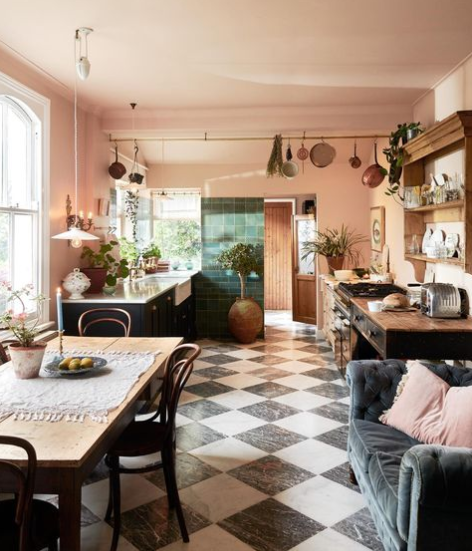 Luxe checkerboard flooring in kitchen