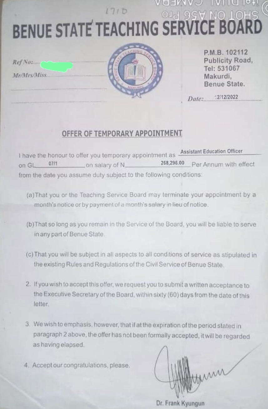 A copy of an apointment letter issued to one of the applicants
