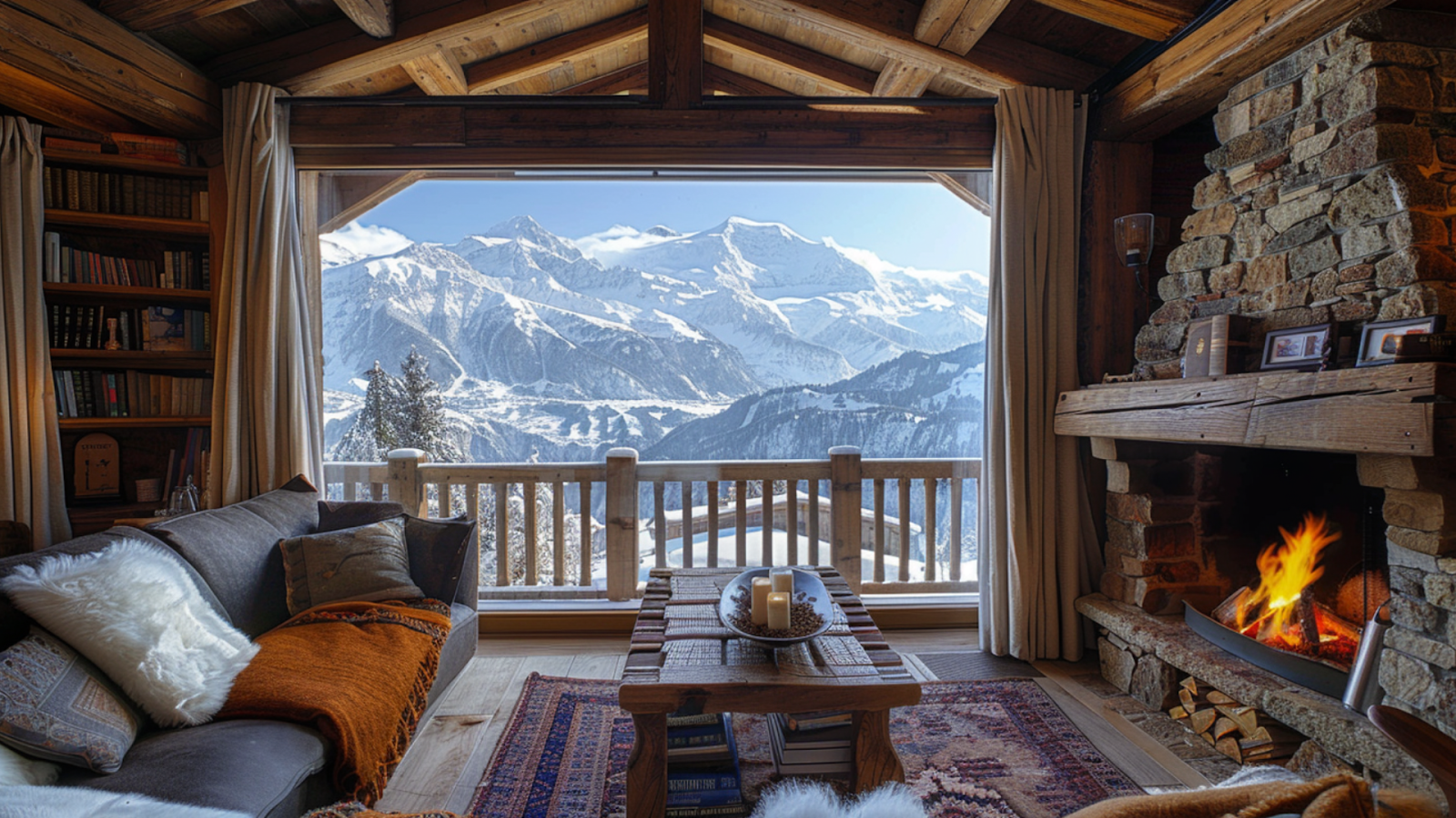 A ski chalet in Courchevel with a fireplace and panoramic views of the French Alps