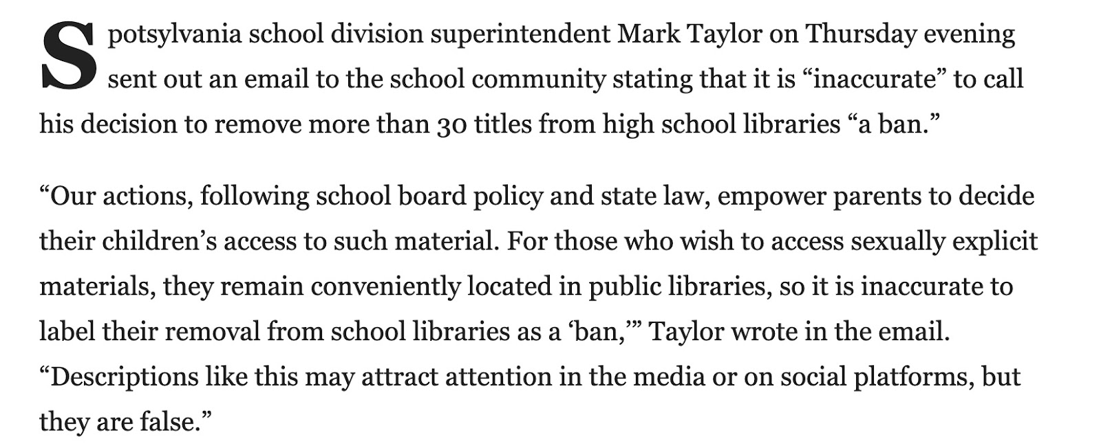 Screen shot from article: https://fredericksburg.com/news/local/education/spotsylvania-superintendent-school-division-is-not-banning-books/article_e4189a0e-74e1-11ee-b4fe-47ac9a4bdec6.html