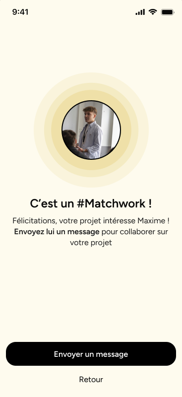 Interface de l'application Wipresta qui montre la fonctionnalité Match