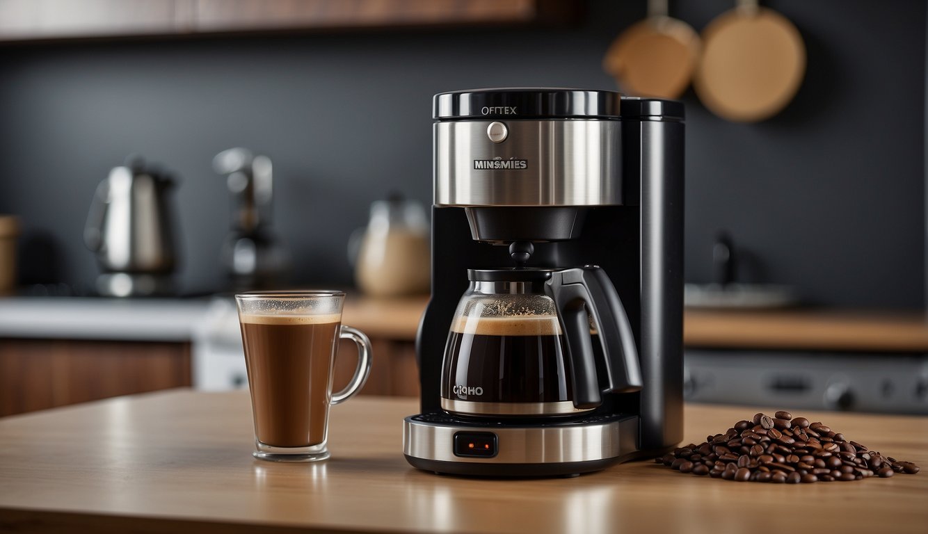 A Tres Corações Mimo coffee maker sits on a clean, modern kitchen counter, surrounded by freshly ground coffee beans and a steaming cup of espresso