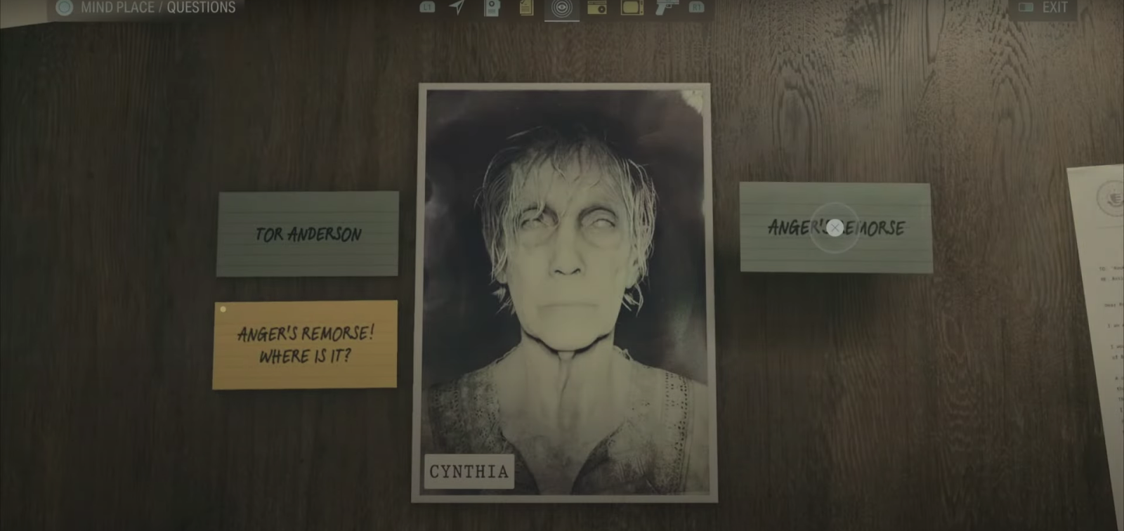 An in game image of Cynthia from the Profiling menu in Alan Wake 2. 