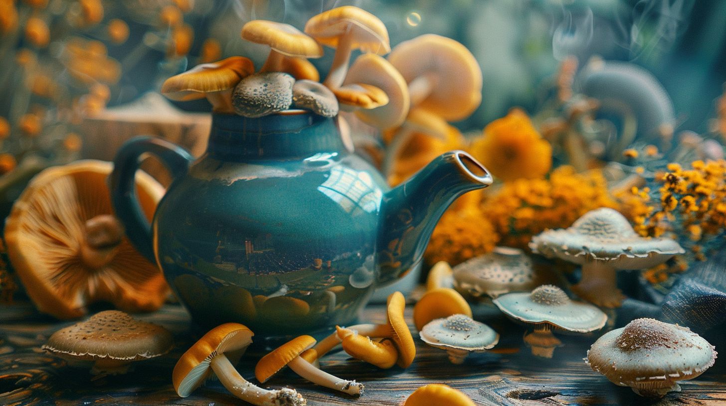 A teapot and magic mushrooms on a wooden table.