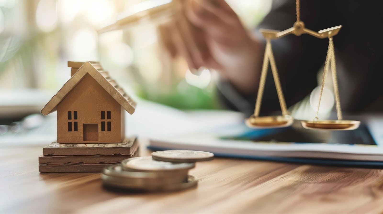 The scales of justice sit behind a house on a lawyer's desk.