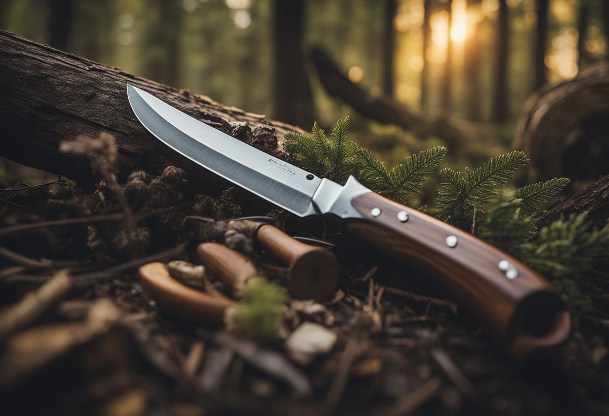 A bushcraft knife slicing through wood, feathering sticks, and carving notches in a wilderness setting