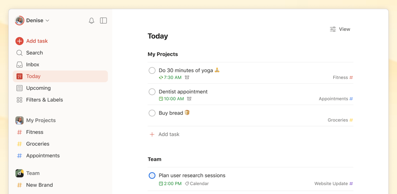 Screenshot of the Todoist app's dashboard showing upcoming projects. 
