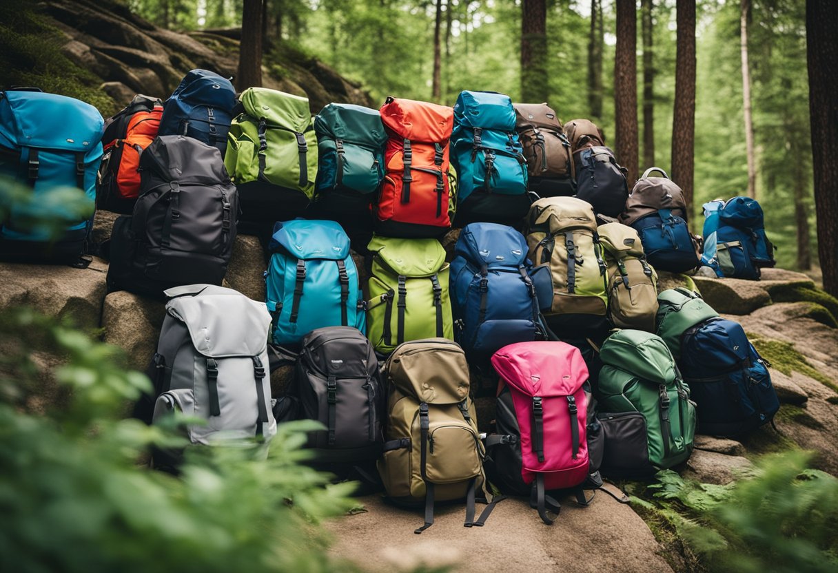 A colorful array of hiking backpacks arranged on a rocky mountain trail, with lush green trees and a clear blue sky in the background