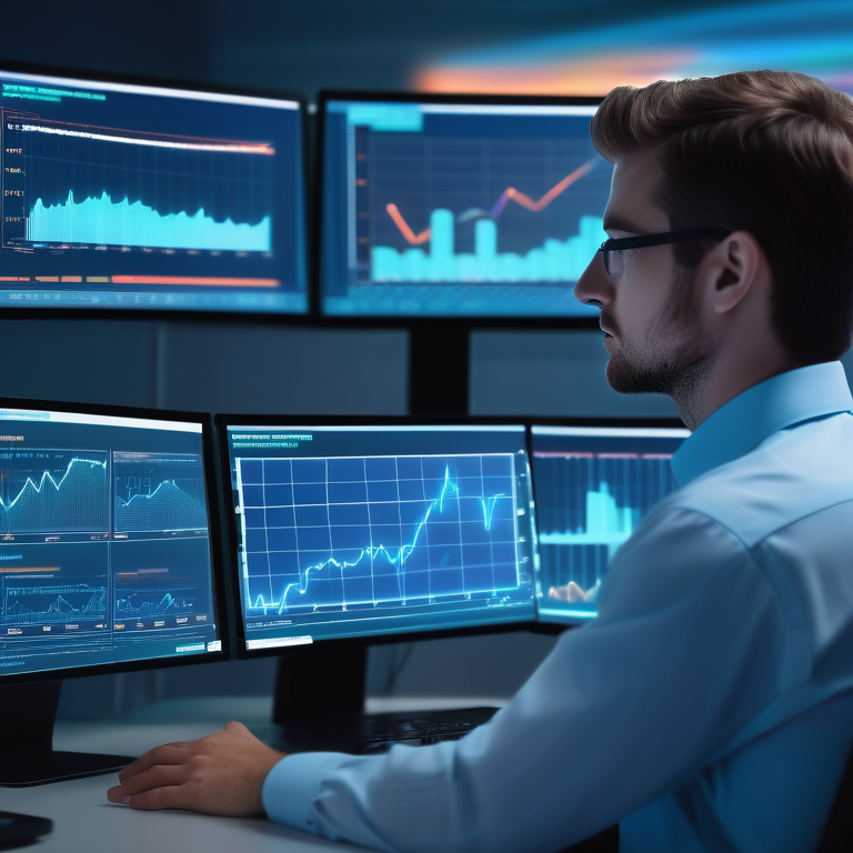 Trader analyzes holographic options charts from AlgoTest's Strategy Builder on a computer in a peaceful office.