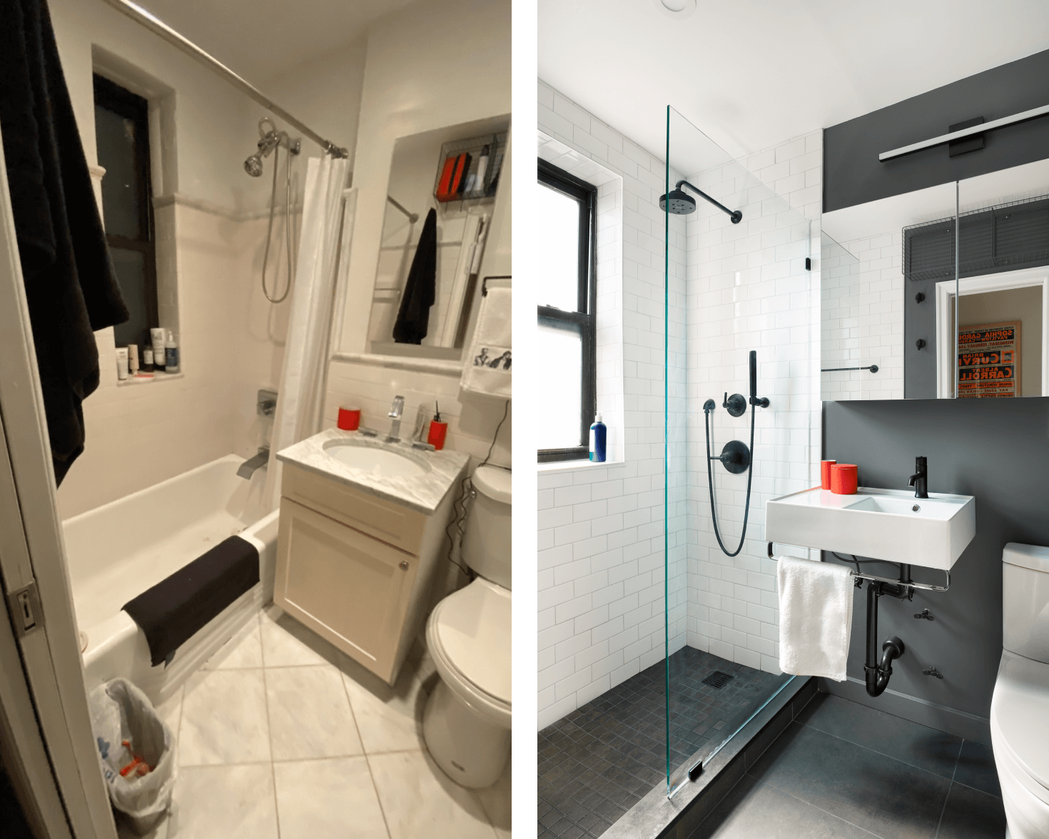 Before and after tub to shower conversion, with a small bathroom cramped by the tub before, replaced with a curbed walk-in shower with glass enclosure, matte black fixtures, white subway tile walls, charcoal black tile flooring, and a window with a ledge for storage.