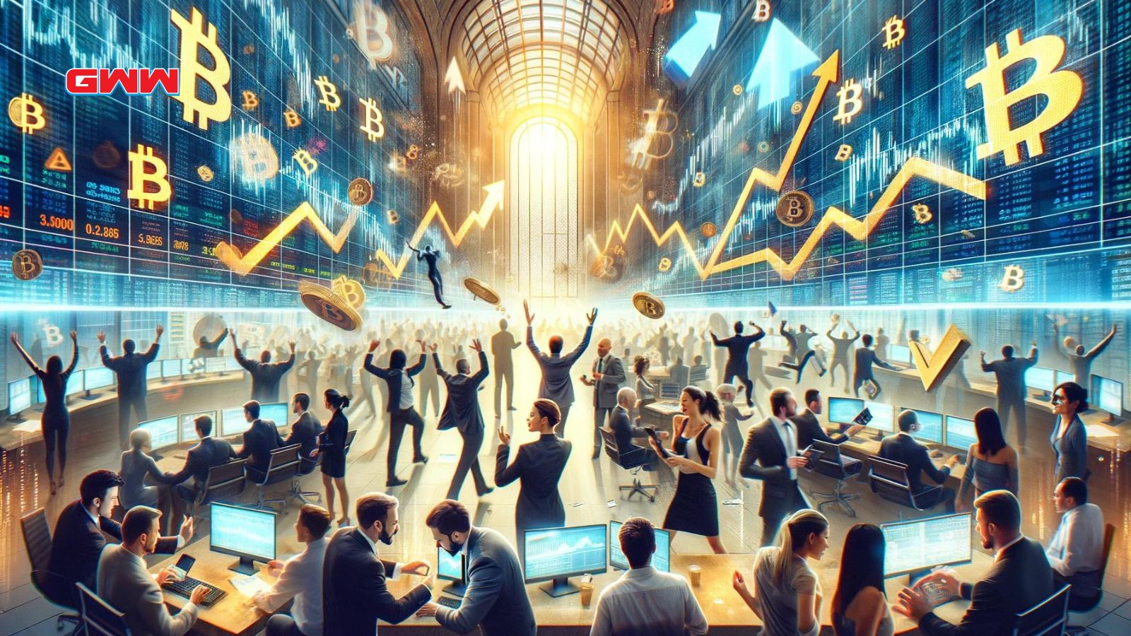 Stock market floor reacting to Bitcoin halving