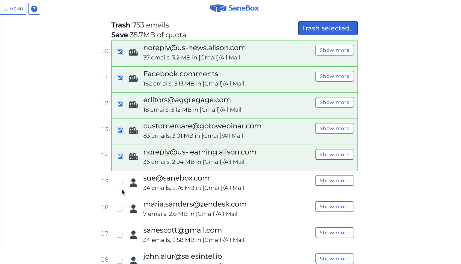 SaneBox One of Key Features: Email Deep Clean