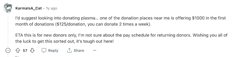 A screenshot from someone on Reddit suggesting donating plasma to make money.